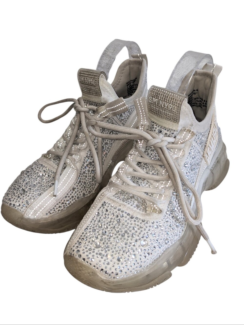 Steve Madden Embellished Maxima-R Lace-Up Sparkle Sneakers White/Silver Size 7.5